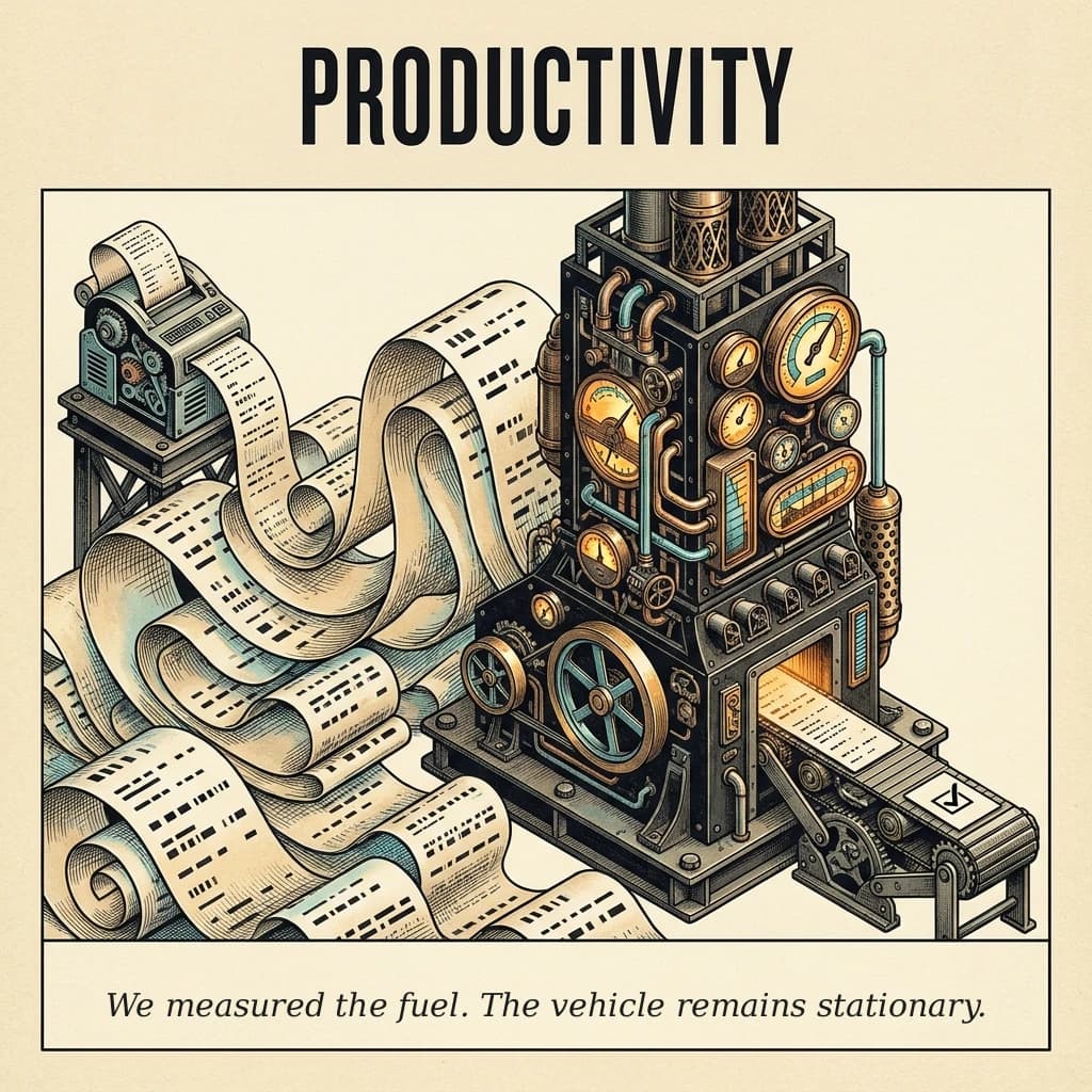 An enormous machine consumes a mountain of receipts to produce one tiny checkbox.
