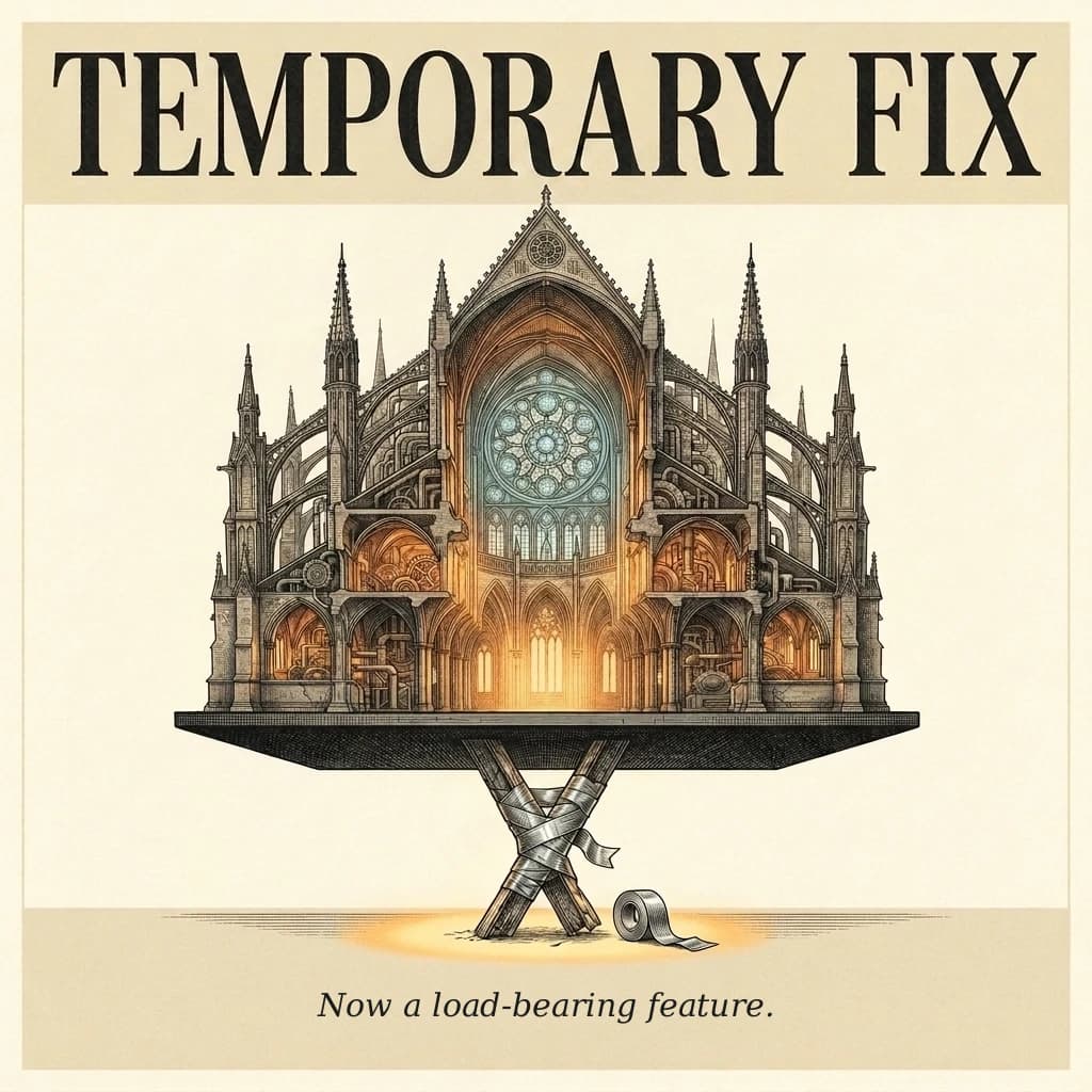 A monumental cathedral built around a tiny, load-bearing repair made with duct tape.
